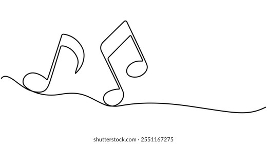 Continua una línea de dibujo de notas de música en el pentagrama. Símbolo musical en una línea lineal, nota musical ícono de línea continua, línea de música continua ilustración de boceto de Vector de nota de arte. Canción de notas de música Abstractas.