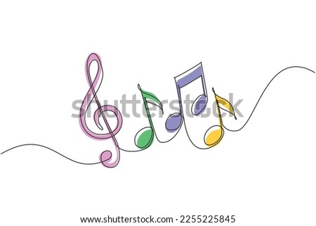 Continuous one line drawing music notes on stave. Musical symbol in one linear minimalist style. Trendy abstract wave melody. Vector outline sketch sound. Single line draw design graphic illustration