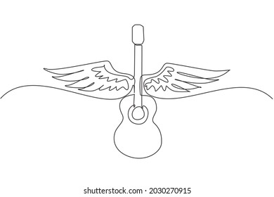 Continuous one line drawing musical emblem with wings, fire and caption guitar music. Musical instrument. Rock concert. Acoustic guitar with wings. Single line draw design vector graphic illustration
