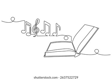 Continuous one line drawing of Musical notes out from opened book. Single line drawing illustration of Book with Musical notes. World Music Day concept vector art. Doodle line illustration.