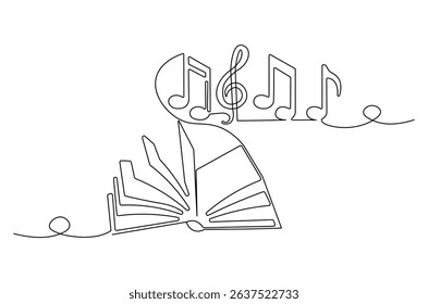 Continuous one line drawing of Musical notes out from opened book. Single line drawing illustration of Book with Musical notes. World Music Day concept vector art. Doodle line illustration.