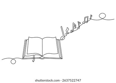 Continuous one line drawing of Musical notes out from opened book. Single line drawing illustration of Book with Musical notes. World Music Day concept vector art. Doodle line illustration.
