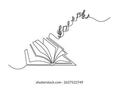 Continuous one line drawing of Musical notes out from opened book. Single line drawing illustration of Book with Musical notes. World Music Day concept vector art. Doodle line illustration.