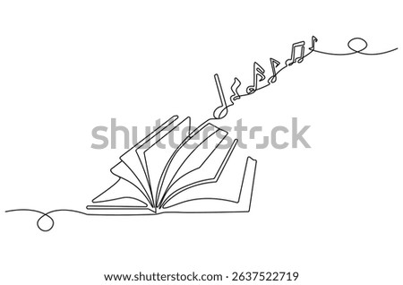 Continuous one line drawing of Musical notes out from opened book. Single line drawing illustration of Book with Musical notes. World Music Day concept vector art. Doodle line illustration.