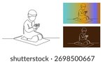 Continuous one line drawing of a Muslim man praying on a mat.faithful person raising hands in dua while sitting on a prayer rug. Perfect for Islamic themes of worship, spirituality, and devotion.
