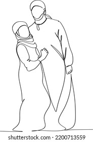 Continuo dibujo de una línea que atrae a parejas musulmanas, esposa y esposo, usando ropa blanca tradicional para Ihram lista para el Hajj. Concepto de Hajj y umrah. Ilustración gráfica vectorial de diseño de líneas simples.