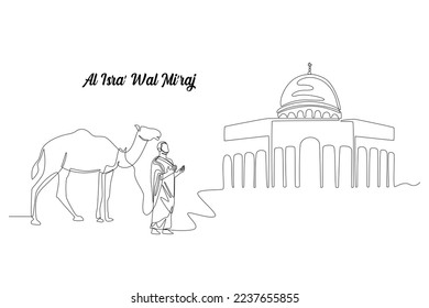 Continuous one line drawing Muslim with camel praying in front of al Aqsa mosque. Isra Miraj. Islamic events concept. Single line draw design vector graphic illustration.