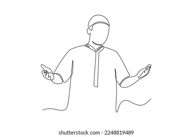 Continuous one line drawing muslim man celebrating islamic event with gesture pose to welcome Ramadan. Ramadan Concept. Single line draw design vector graphic illustration.