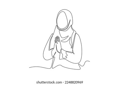 Continuous one line drawing muslim woman celebrate islamic event with gesture poses for welcoming Ramadan. Ramadan Concept. Single line draw design vector graphic illustration.