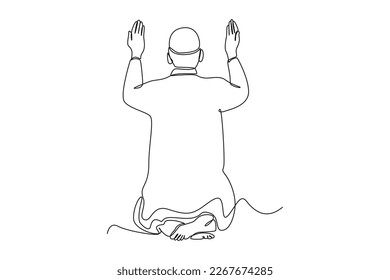 Continuous one line drawing muslim man raising hands for prayer. Eid al-Fitr concept. Single line draw design vector graphic illustration.