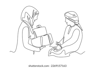Una línea contínua dibujando a una madre musulmana dándole regalo a su hijo. Concepto de Eid al-Fitr. Ilustración gráfica vectorial de diseño de líneas simples.
