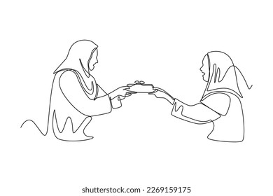 Una línea contínua dibujando a mujeres musulmanas compartiendo comida con su amiga. Concepto de Eid al-Fitr. Ilustración gráfica vectorial de diseño de líneas simples.