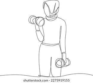 Continuous one line drawing Muslim woman doing exercise in home. Concept of home health care activities. Single line draw design vector graphic illustration.