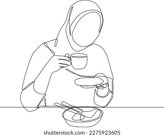 Continuous one line drawing Muslim woman eating breakfast. Concept of home health care activities. Single line draw design vector graphic illustration.