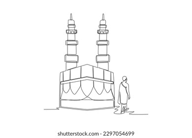 Continuous one line drawing Muslim and his Ihram dress surround in front Kaaba  Hajj   umrah concept  Single line draw design vector graphic illustration 
