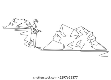 Continuous one line drawing a Muslim with his Ihram dress walk between the two mountains (called Sa'ee). Hajj and umrah concept. Single line draw design vector graphic illustration.