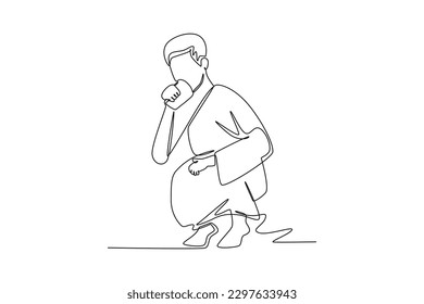 Continuous one line drawing a Muslim with his Ihram dress Drink zam zam water. Hajj and umrah concept. Single line draw design vector graphic illustration.