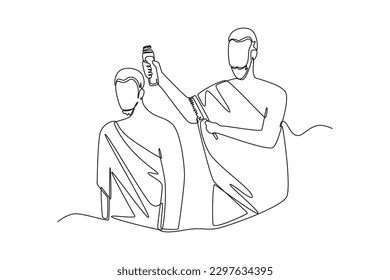 Continuous one line drawing a Muslim with his Ihram dress shave his hair. Hajj and umrah concept. Single line draw design vector graphic illustration.