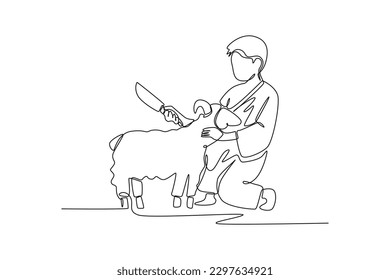 Continuous one line drawing a A Muslim with his Ihram dress slaughter sheep. Hajj and umrah concept. Single line draw design vector graphic illustration.