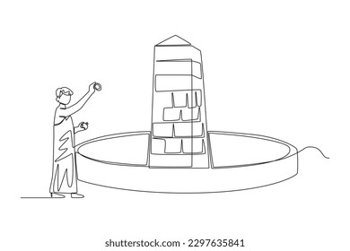 Continuous one line drawing a Muslim with his Ihram dress throw stones at Jamarat walls. Hajj and umrah concept. Single line draw design vector graphic illustration.