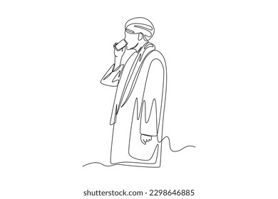 Continuous one line drawing a Muslim with his Ihram dress Drink zam zam water. Hajj and umrah concept. Single line draw design vector graphic illustration.