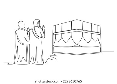 Continuous one line drawing muslim couples wife and husband wearing white traditional clothes pray on kaabah. Hajj and umrah concept. Single line draw design vector graphic illustration.