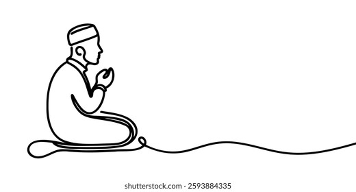 Continuous one line drawing of muslim prayer. Single line drawing illustration of Muslim person sitting and praying. Ramadan kareem concept vector art. Doodle line illustration.