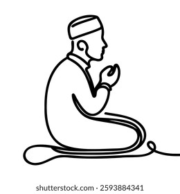 Continuous one line drawing of muslim prayer. Single line drawing illustration of Muslim person sitting and praying. Ramadan kareem concept vector art. Doodle line illustration.