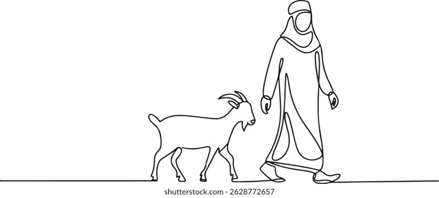 Continuous one line drawing of a Muslim person walking with a goat, black and white minimalist art with clean simple lines

