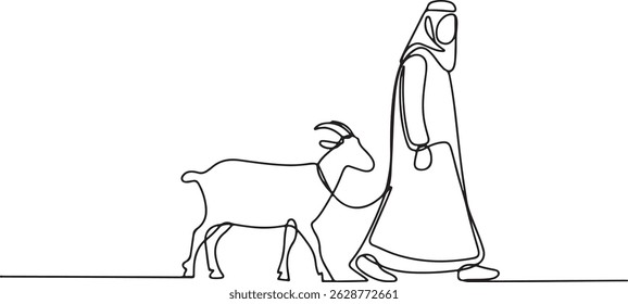 Continuous one line drawing of a Muslim person walking with a goat, black and white minimalist art with clean simple lines

