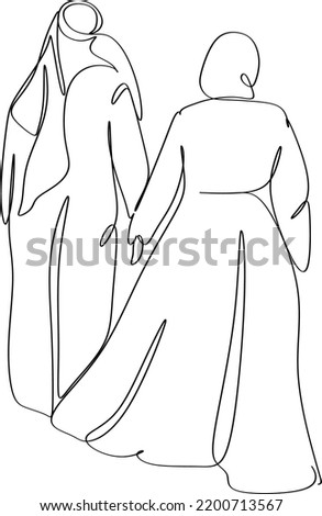Continuous one line drawing muslim couples wife and husband wearing white traditional clothes for Ihram ready for Hajj. Hajj and umrah concept. Single line draw design vector graphic illustration.