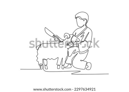 Continuous one line drawing a A Muslim with his Ihram dress slaughter sheep. Hajj and umrah concept. Single line draw design vector graphic illustration.