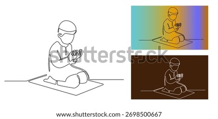 Continuous one line drawing of a Muslim man praying on a mat.faithful person raising hands in dua while sitting on a prayer rug. Perfect for Islamic themes of worship, spirituality, and devotion.