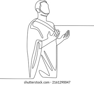 Continuous one line drawing a muslims in ihram praying to god with raised hands. Hajj and umrah concept.  Single line draw design vector graphic illustration.	