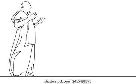 Continuous one line drawing a muslims in ihram praying to god with raised hands. Hajj and umrah concept. Single line draw design vector graphic illustration.
