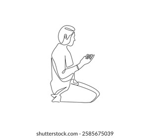 Continuous one line drawing of muslims prayer. Single line drawing illustration of Muslim person sitting and praying. Ramadan kareem concept vector art. Doodle line illustration.

