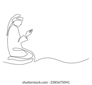Continuous one line drawing of muslims prayer. Single line drawing illustration of Muslim person sitting and praying. Ramadan kareem concept vector art. Doodle line illustration.

