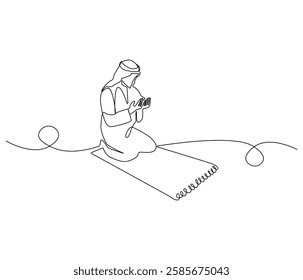 Continuous one line drawing of muslims prayer. Single line drawing illustration of Muslim person sitting and praying. Ramadan kareem concept vector art. Doodle line illustration.

