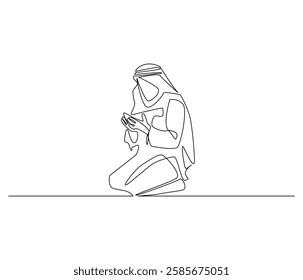 Continuous one line drawing of muslims prayer. Single line drawing illustration of Muslim person sitting and praying. Ramadan kareem concept vector art. Doodle line illustration.

