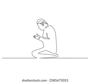 Continuous one line drawing of muslims prayer. Single line drawing illustration of Muslim person sitting and praying. Ramadan kareem concept vector art. Doodle line illustration.

