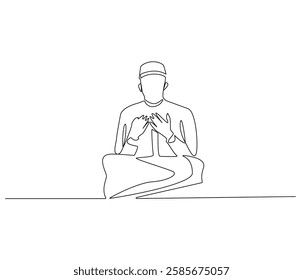 Continuous one line drawing of muslims prayer. Single line drawing illustration of Muslim person sitting and praying. Ramadan kareem concept vector art. Doodle line illustration.

