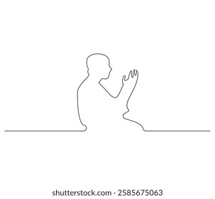 Continuous one line drawing of muslims prayer. Single line drawing illustration of Muslim person sitting and praying. Ramadan kareem concept vector art. Doodle line illustration.

