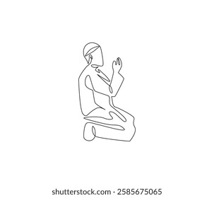 Continuous one line drawing of muslims prayer. Single line drawing illustration of Muslim person sitting and praying. Ramadan kareem concept vector art. Doodle line illustration.

