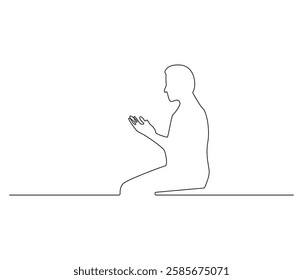 Continuous one line drawing of muslims prayer. Single line drawing illustration of Muslim person sitting and praying. Ramadan kareem concept vector art. Doodle line illustration.

