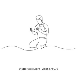 Continuous one line drawing of muslims prayer. Single line drawing illustration of Muslim person sitting and praying. Ramadan kareem concept vector art. Doodle line illustration.

