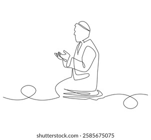 Continuous one line drawing of muslims prayer. Single line drawing illustration of Muslim person sitting and praying. Ramadan kareem concept vector art. Doodle line illustration.

