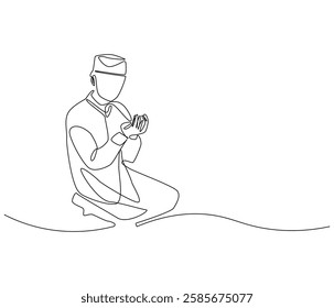 Continuous one line drawing of muslims prayer. Single line drawing illustration of Muslim person sitting and praying. Ramadan kareem concept vector art. Doodle line illustration.

