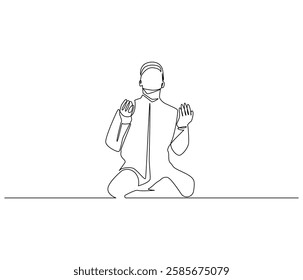 Continuous one line drawing of muslims prayer. Single line drawing illustration of Muslim person sitting and praying. Ramadan kareem concept vector art. Doodle line illustration.

