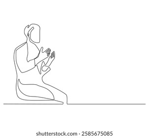 Continuous one line drawing of muslims prayer. Single line drawing illustration of Muslim person sitting and praying. Ramadan kareem concept vector art. Doodle line illustration.

