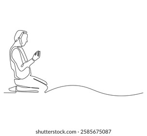 Continuous one line drawing of muslims prayer. Single line drawing illustration of Muslim person sitting and praying. Ramadan kareem concept vector art. Doodle line illustration.

